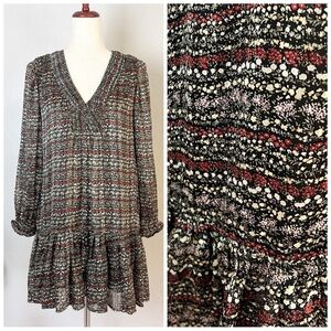 •RESET• Long Sleeve A-Line Mini Dress in Black‎ Gold Metallic Floral Size Small